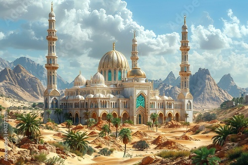  rendering of a mosque in the desert with mountains in the background