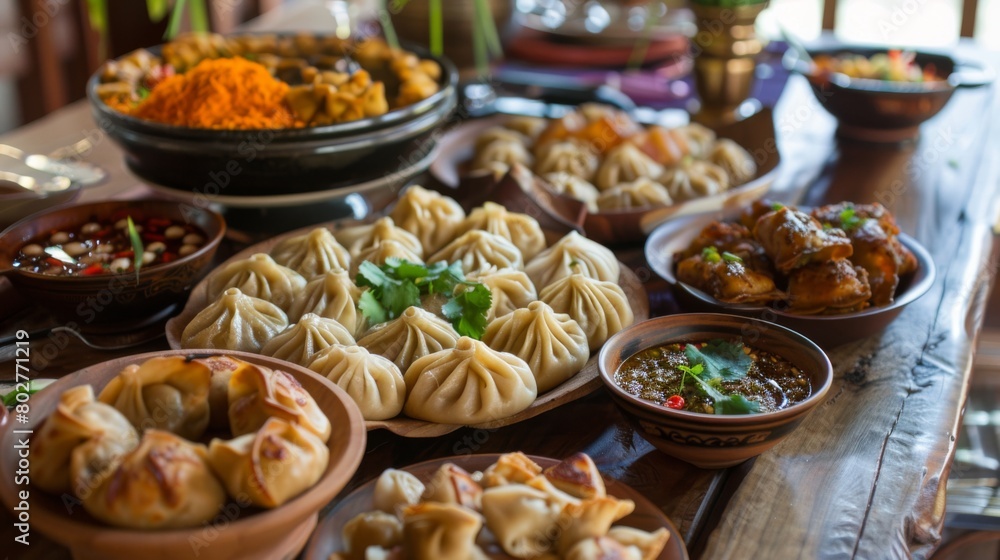 A festive celebration with a table overflowing with a variety of momos, offering guests a taste of traditional Indian cuisine.