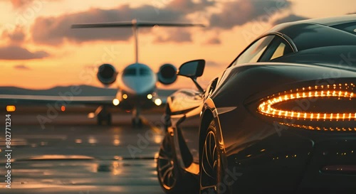 Super cars and private jets on the landing pad. Business services Airport pick up photo