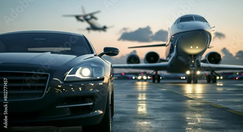 Super cars and private jets on the landing pad. Business services Airport pick up