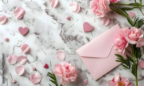 Wedding background and mock up Pink envelope and flowers on a pastel pink background. Pastel Pink Floral Wedding Invitation