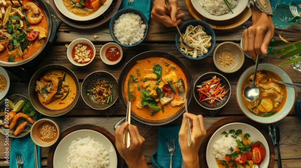 A festive dinner table adorned with bowls of Tom Yum Goong soup, steamed rice, and other Thai delicacies, inviting diners to indulge in a feast.