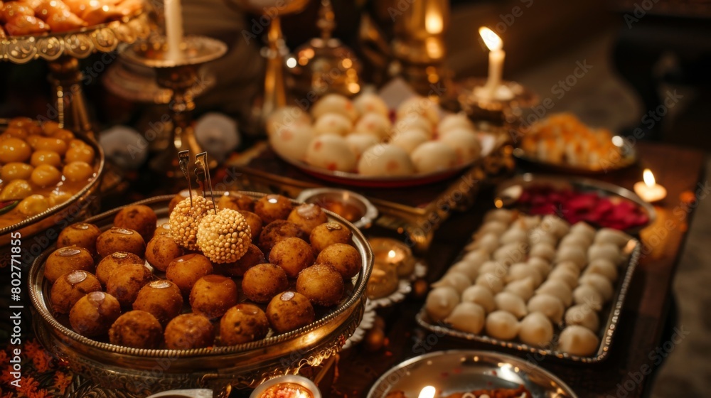 A festive Diwali celebration with a table adorned with trays of sweet and savory Indian treats like gulab jamun and kachori. A festive Diwali celebration with a table adorned with trays of sweet and savory Indian treats like gulab jamun and kachori.