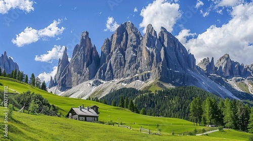 The peaks of the Geislerspitzen in the Dolomites of Europe.