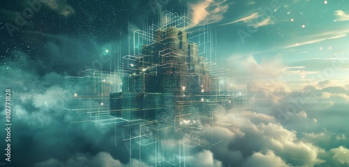 A fortress constructed entirely from digital code, hovering above a cloud network, symbolizing impenetrable data security against a backdrop of cyber space. 32k, full ultra hd, high resolution
