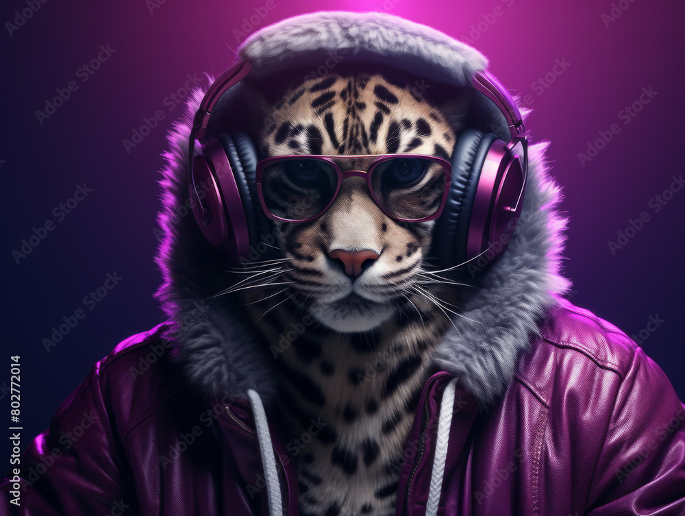 Fototapeta premium A cat wearing headphones and a jacket