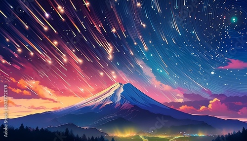 流れ星と美しい富士山