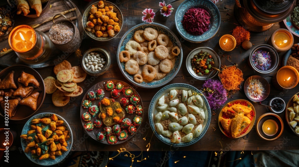 A festive Diwali celebration, with a table overflowing with traditional Indian sweets and savory snacks.