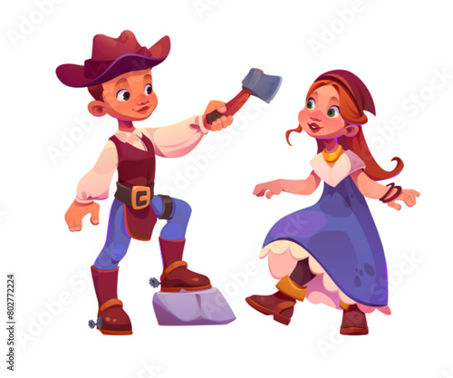 Cute western cowboy child. Texas girl character cartoon. Happy west children for saloon game. Ranch costume for fantasy theatre spectacle or kindergarten performance. Isolated country dress and belt photo