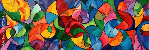 a colorful wall serves as the backdrop for a vibrant painting  with a variety of shapes and sizes v