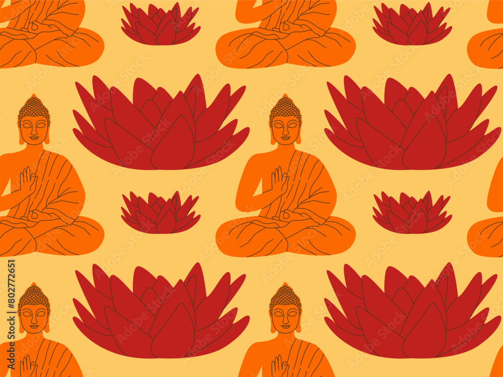 Obraz premium Buddha seamless pattern with lotus flower. Flat vector illustration.
