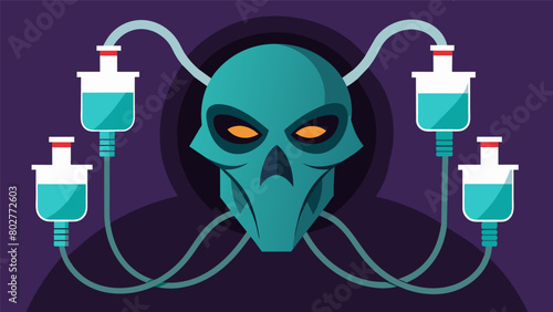 An ominous looking mask connected to clear tubes used to deliver ketamine gas to a patient during anesthesia induction..