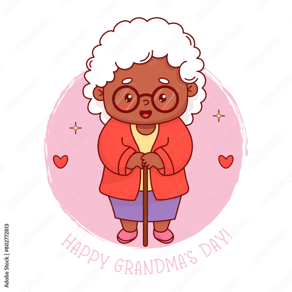 Fototapeta premium Cute black ethnic elderly woman grandmother. Happy grandma's day. Vector illustration. Positive holiday female character pensioner lady