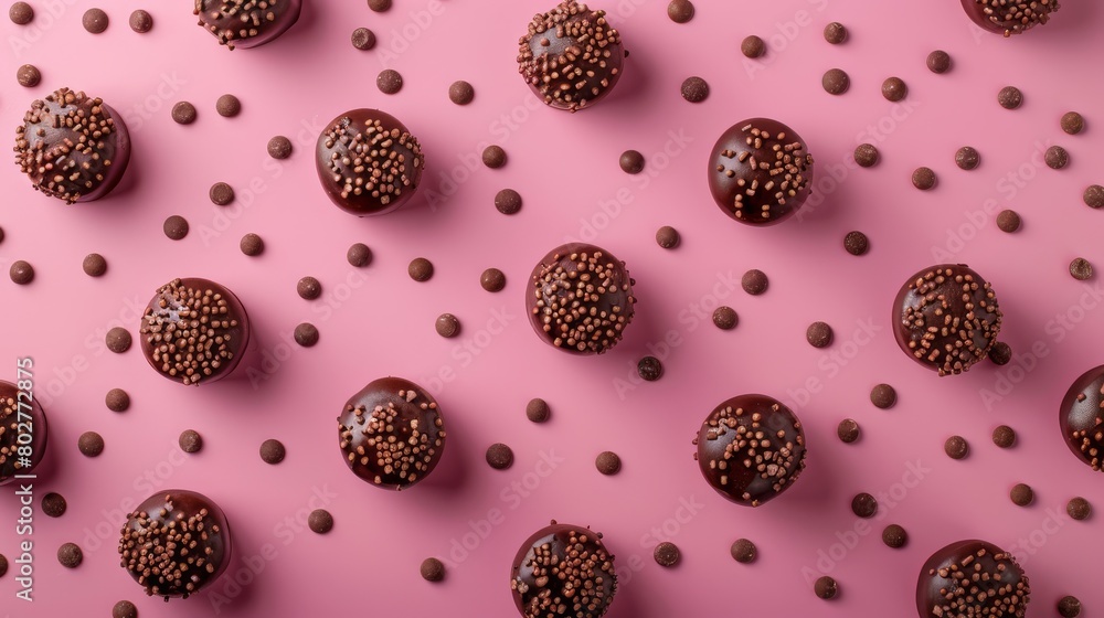 Full frame background with lots of chocolate truffles arranged symmetrically on a pink background. Full frame background with lots of chocolate truffles arranged symmetrically on a pink background.