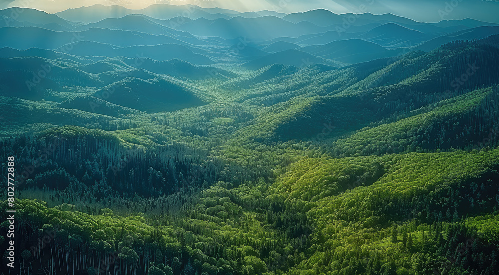Fototapeta premium Beautiful green mountains and forest landscape, aerial view. Generative AI.