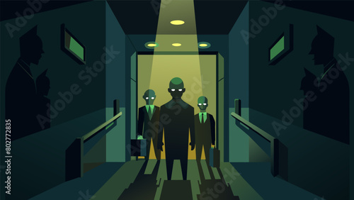 As the elevator ascends the lights flicker and dim casting eerie shadows on the distressed faces of those inside..