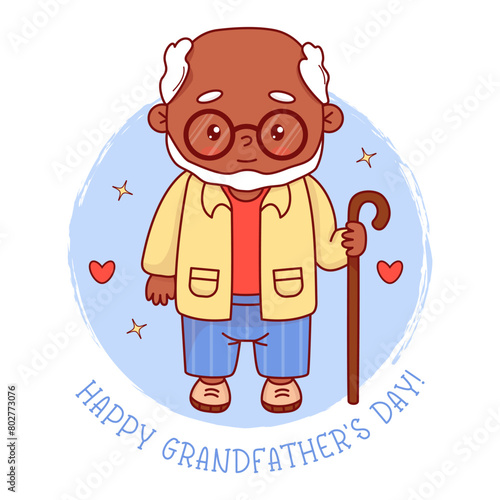 Black ethnic granddad. Happy Grandfather's Day card. Cute elderly gray-haired man with glasses with stick. Vector illustration. Positive festive old male character
