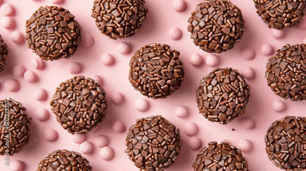 Full frame background with lots of chocolate truffles arranged symmetrically on a pink background.