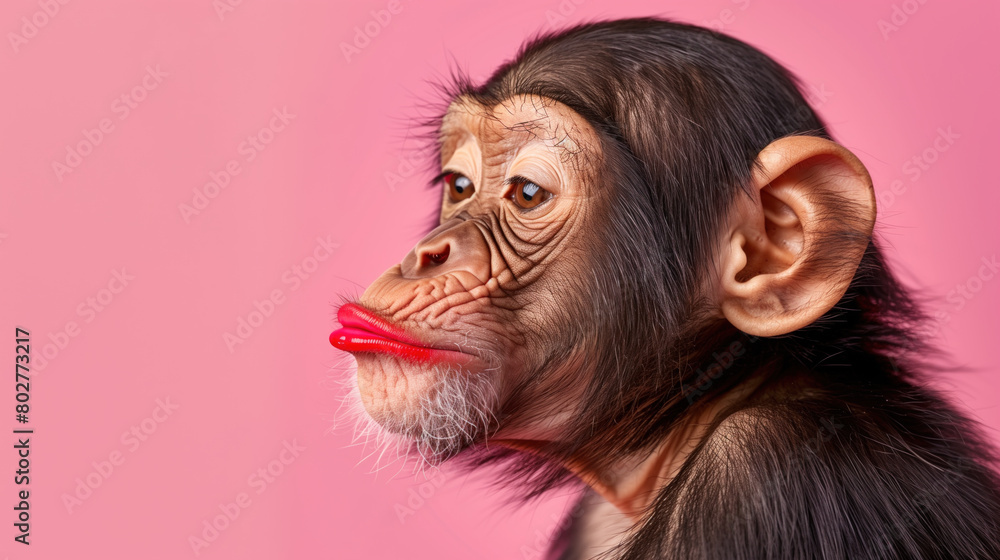 Funny monkey with exaggerated red lips and a whimsical expression on a pink background.