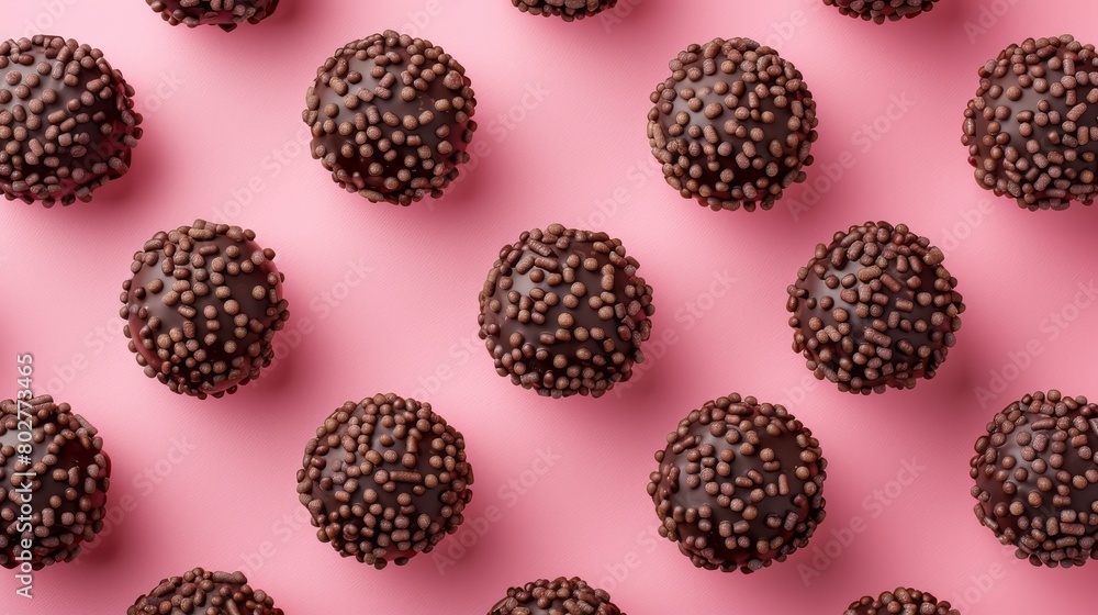 Full frame background with lots of chocolate truffles arranged symmetrically on a pink background. Full frame background with lots of chocolate truffles arranged symmetrically on a pink background.