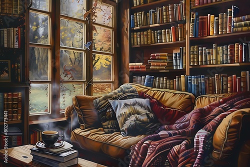 A cozy reading nook with a plush couch, a steaming cup of espresso, and a towering stack of novels waiting to be explored.