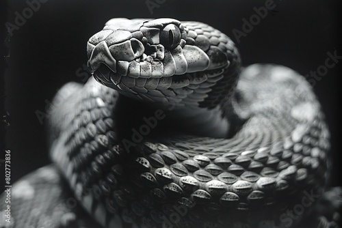 Close-up of a black and white snake on a dark background photo