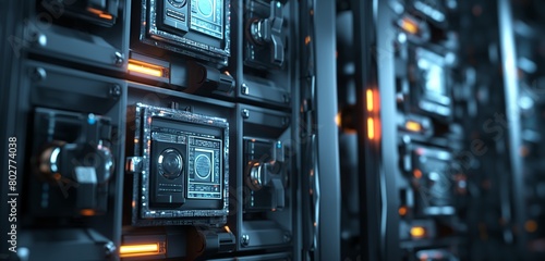 An array of virtual safes, each encrusted with encryption algorithms, set in a secure digital vault, symbolizing multi-layered data protection strategies. 32k, full ultra hd, high resolution photo