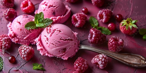 A delightful scoop of raspberry sorbet served on a tea spoon for a refreshing treat.