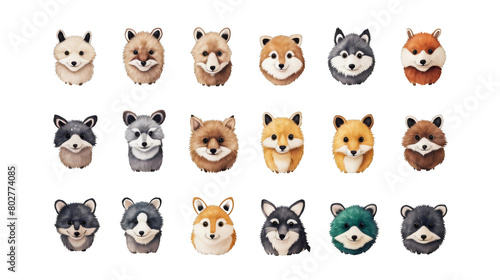A collection of cute and colorful cartoon dog icons. The dogs are of various breeds.