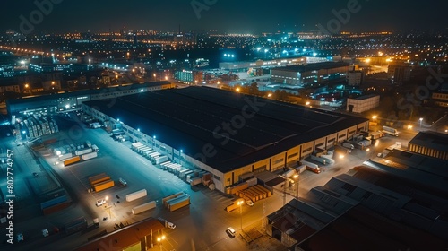 Aerial shot of factory warehouse.
