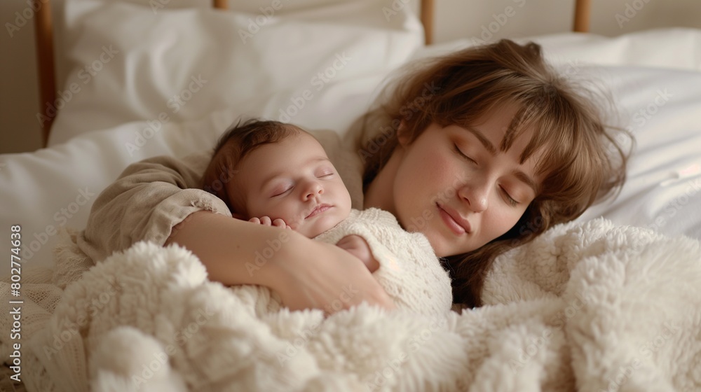 A young mother with her newborn little baby lies on white sheets on the bed. Pure Happiness, A close-up Portrait of a Joyful Young woman Gazing Lovingly at Her child, Both Resting Peacefully