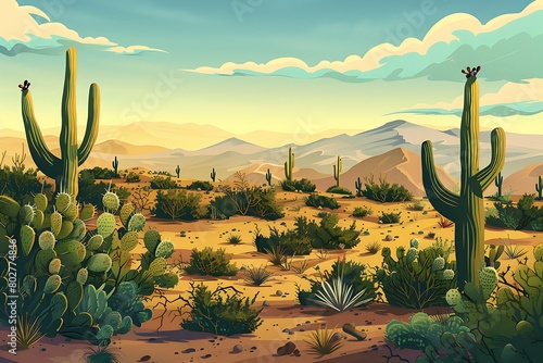 A desert landscape with cacti and sand dunes.