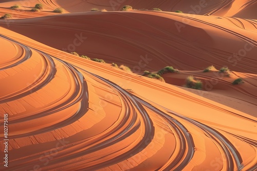 A desert landscape with dunes patterned after sports tracks.
