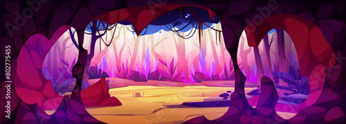 Magic forest landscape and fantasy tree cave view cartoon background. Dark nature environment scene in jungle wood garden with dense plant and vine. Mystery fairytale scenery for wild adventure
