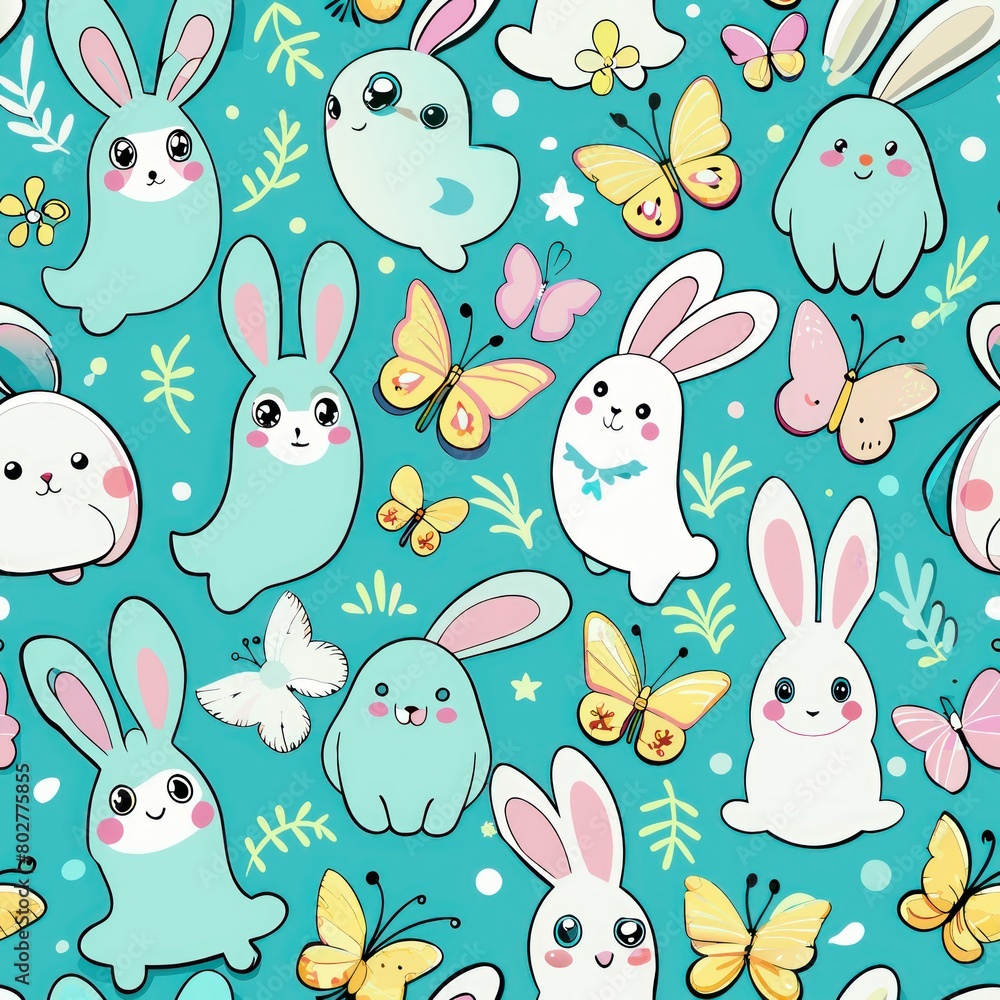 Seamless pattern of giggling ghost bunnies and fluttering butterflies, Generative AI Seamless pattern of giggling ghost bunnies and fluttering butterflies, Generative AI