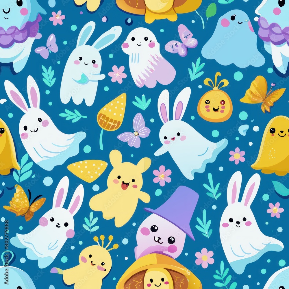 Seamless pattern of giggling ghost bunnies and fluttering butterflies, Generative AI Seamless pattern of giggling ghost bunnies and fluttering butterflies, Generative AI