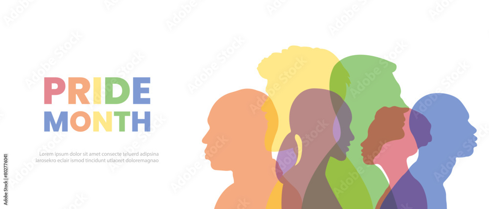 Pride Month banner.Silhouettes of people standing side by side together.Vector illustration.
