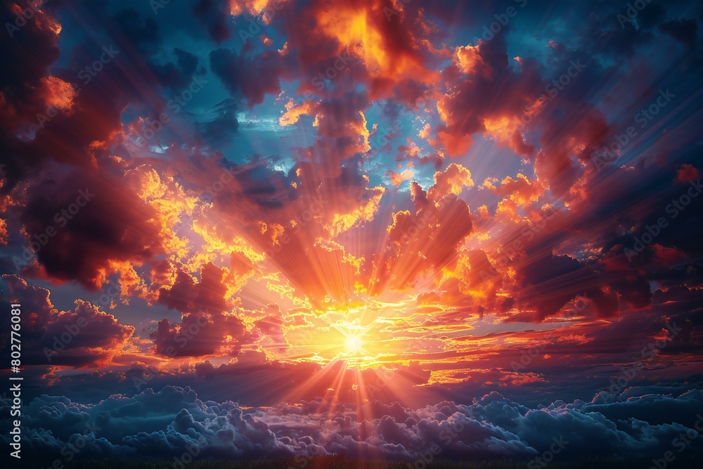 Beautiful sunset with clouds and rays of light,  Nature background