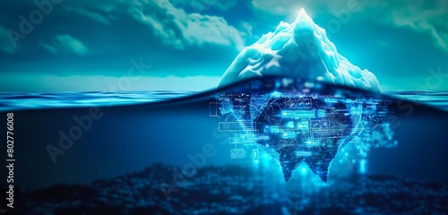 A digital iceberg, with its tip above the water showing a secure data interface, while beneath lies the vast, hidden depth of data storage and protection mechanisms. 