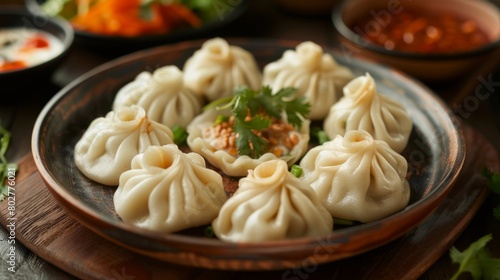 A plate of beautifully arranged momos served as an appetizer at a restaurant, tempting diners with their tantalizing aroma.