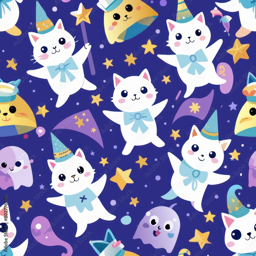 Seamless pattern of happy ghost kittens with magical wands, Generative AI