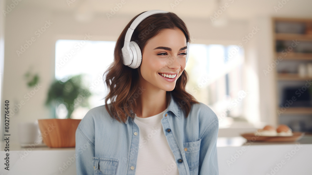 beautiful woman smiling in headphones on sofa and pink background beautiful woman smiling in headphones on sofa and pink background