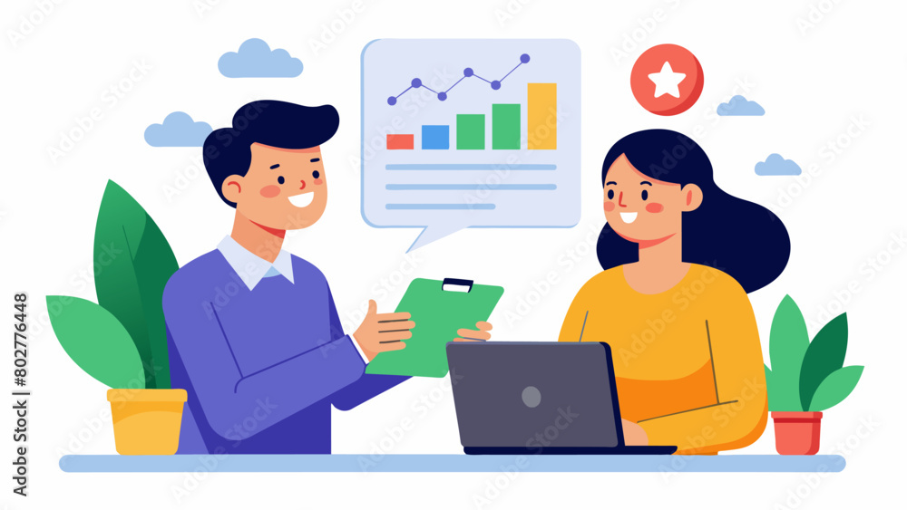 A supervisor and employee having a performance review using nonjudgmental language and constructive feedback to foster growth and development.. A supervisor and employee having a performance review using nonjudgmental language and constructive feedback to foster growth and development..