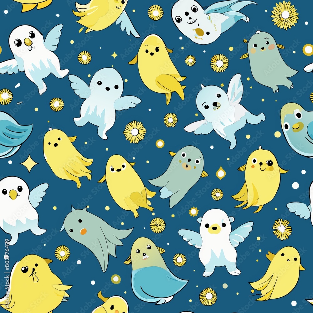 Seamless pattern of happy ghost puppies chasing fireflies, Generative AI Seamless pattern of happy ghost puppies chasing fireflies, Generative AI