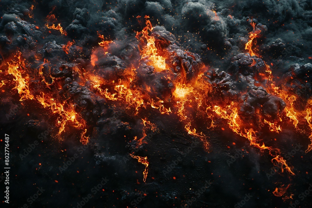 Fiery explosion on a black background,   rendering, illustration