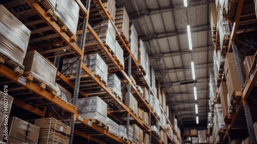 Warehouse or storage and shelves with cardboard boxes.