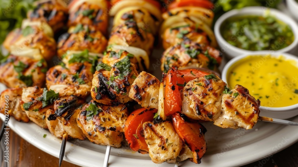 A platter of grilled chicken skewers served with colorful dipping sauces, perfect for sharing at a summer cookout. A platter of grilled chicken skewers served with colorful dipping sauces, perfect for sharing at a summer cookout.