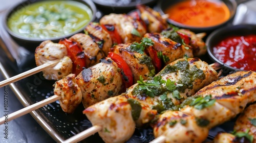 A platter of grilled chicken skewers served with colorful dipping sauces, perfect for sharing at a summer cookout.