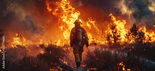 Firefighters spray water to wildfire firefighter, risking his life, urgently sprints towards the forest massive flames at the intense fire scene. Generative AI. photo