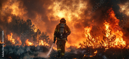 Firefighters spray water to wildfire firefighter  risking his life  urgently sprints towards the forest massive flames at the intense fire scene. Generative AI.